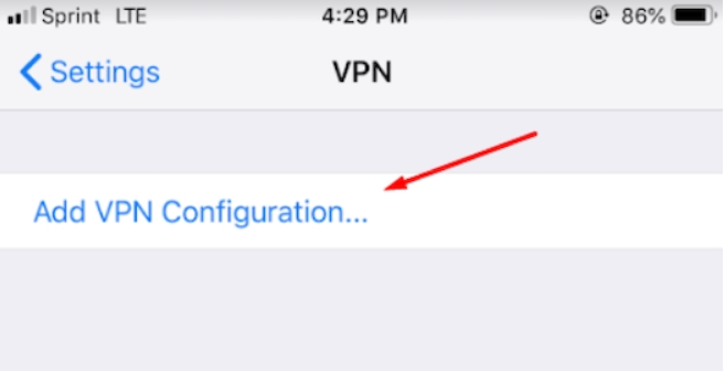 A red arrow points to the Add VPN Configuration option in iOS